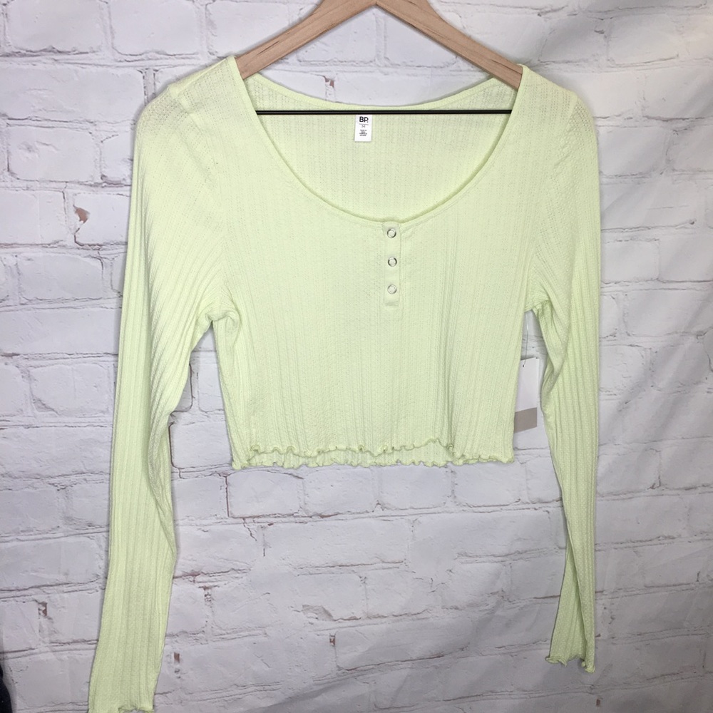 BP Lime Cropped Long Sleeve Ribbed Henley Top Size Medium - Picture 4 of 8